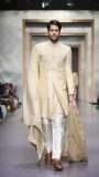 Cream raw silk sherwani with embroidered dupatta