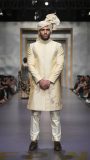 Lvory Gold Silk Sherwani with Bird Motif Embroidery