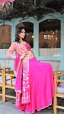 Fuschia pink shaded gotta long jacket with flared lehenga and gotta border duppatta