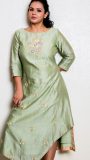 Mint green Chanderi silk asymmetrical dress embedded with French knot work
