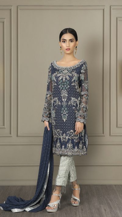 Navy blue all ver embroidered formal kurti with cigarette troucers