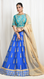 Royal blue lehnga with turquoise embroidered blouse and beige dupatta