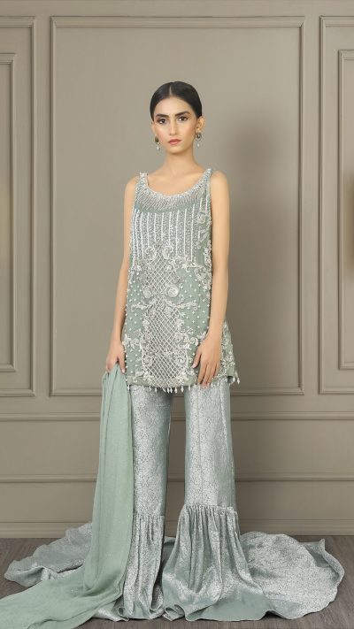 Taupe embroidered formal kurti and sharara