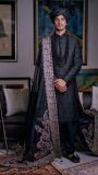 Obsidian Black Sherwani Paired With Matching Inner Suit, Turban And Shawl