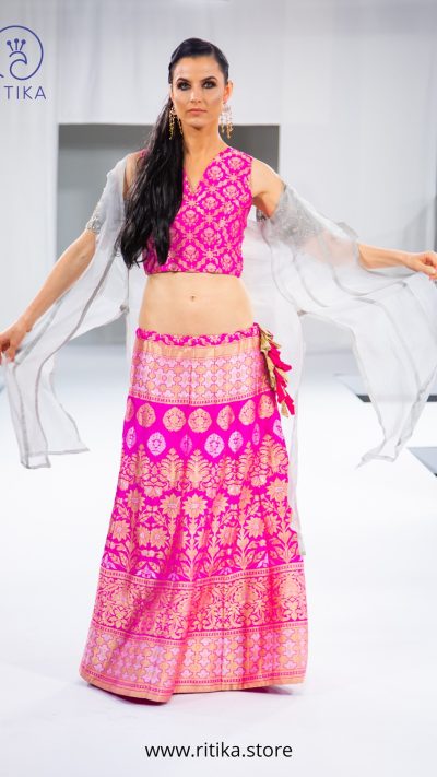 Banarasi handloom weave silk lehnga choli with an organza embroidered jacket