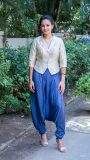 Benarasi weave collared jacket paired with satin harem pants