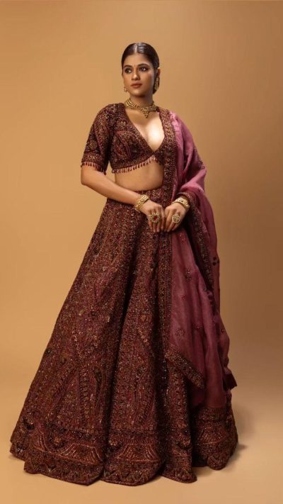 Burgundy Organza Silk Lehenga