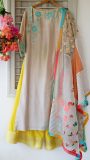 Chanderi straight kurta with flared chanderi pants and constructed dupatta with embroidery,