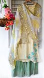 Embroidered kurta with flared pants and handembroidered dupatta