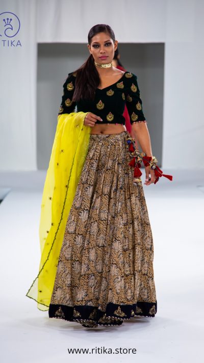 Georgette Kalamkaari Printed Skirt with Velvet Blouse with Aari Work