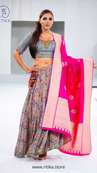 Kalamkaari georgette skirt with emerald gray blouse