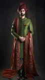 Kale Green Sherwani With Matching Innersuit Paired With Maroon Shawl And Turban