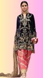 Navy Blue Velvet Kameez Paired with Vibrant Pink Shalwa
