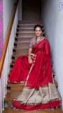 Red Maheshwari silk saree with kalamkaari blouse