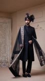 royal blue sherwani with embroidered net dupatta