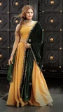 foil print Chanderi lehenga with green velvet dupatta