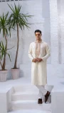 Cream Beige Men’s Kurta With Embroidered