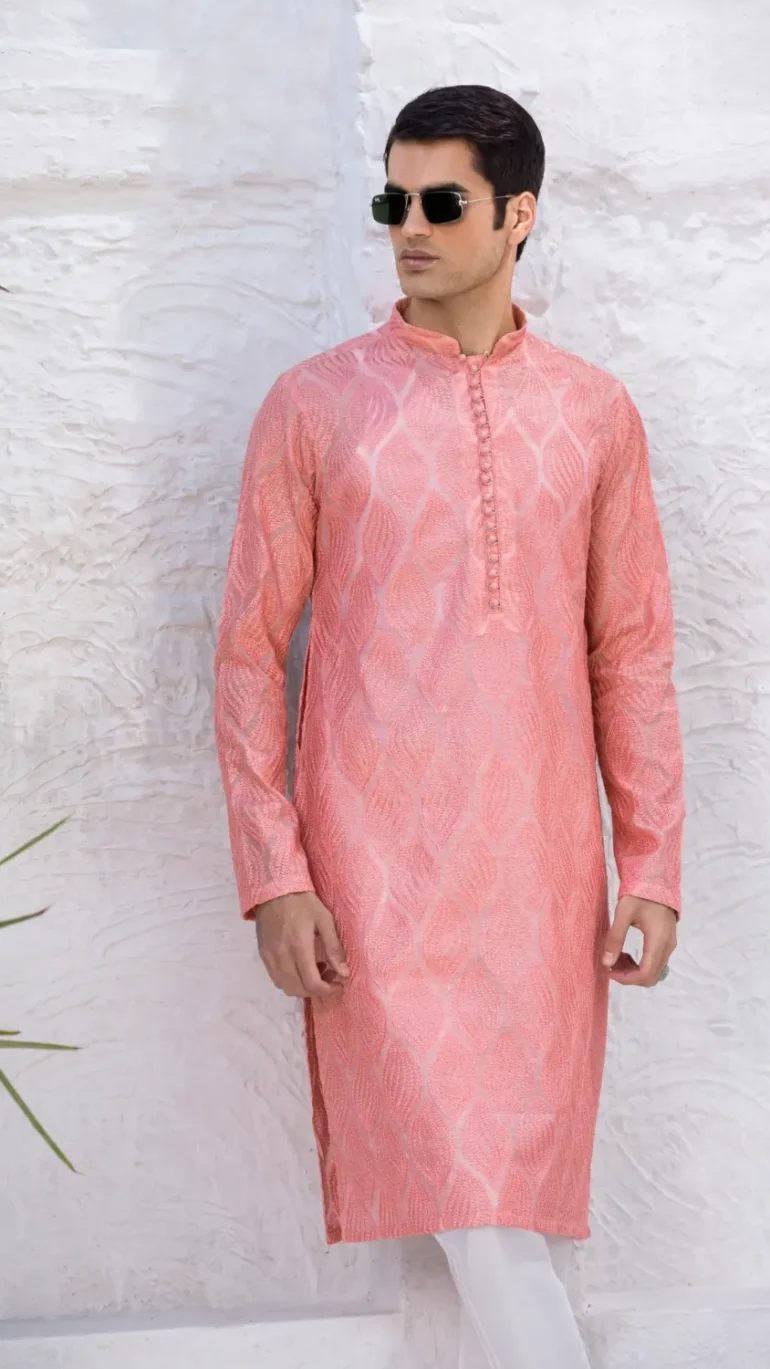 Peachy Pink Leaf Embroidered Kurta For Men