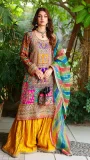 3 piece set with Mustard Silk Bottom and Multi Organza Dupatta
