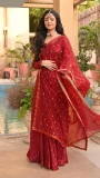 Maroon Sequins-Embroidered Net Peshwas with Organza Dupatta by Huma Adnan