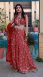 Red Chiffon Embroidered Choli and Lehnga by Huma Adnan