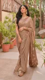 Rose Gold Sequins-Embroidered Net Saree with Embellished Blouse by Huma Adnan