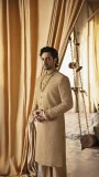 Beige Karandi Silk Sherwani by Lajwanti