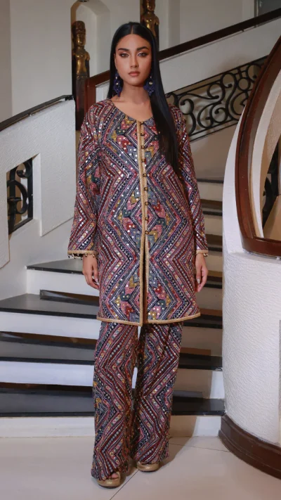 front-open shirt paired with straight pants