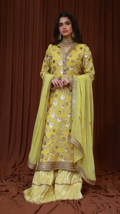 Yellow Embroidered Chiffon Gharara