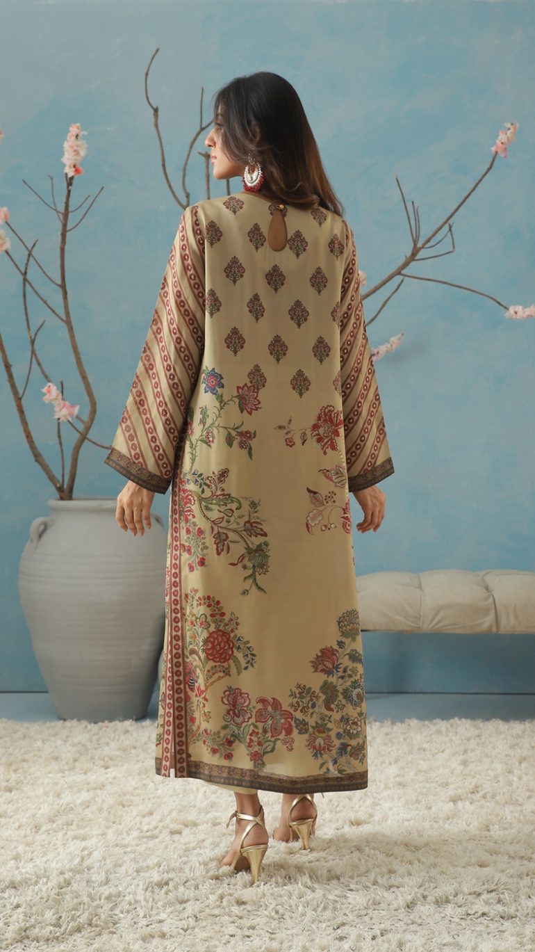 A-Line Long Shirt with Mughal Chintz Motifs & Belt