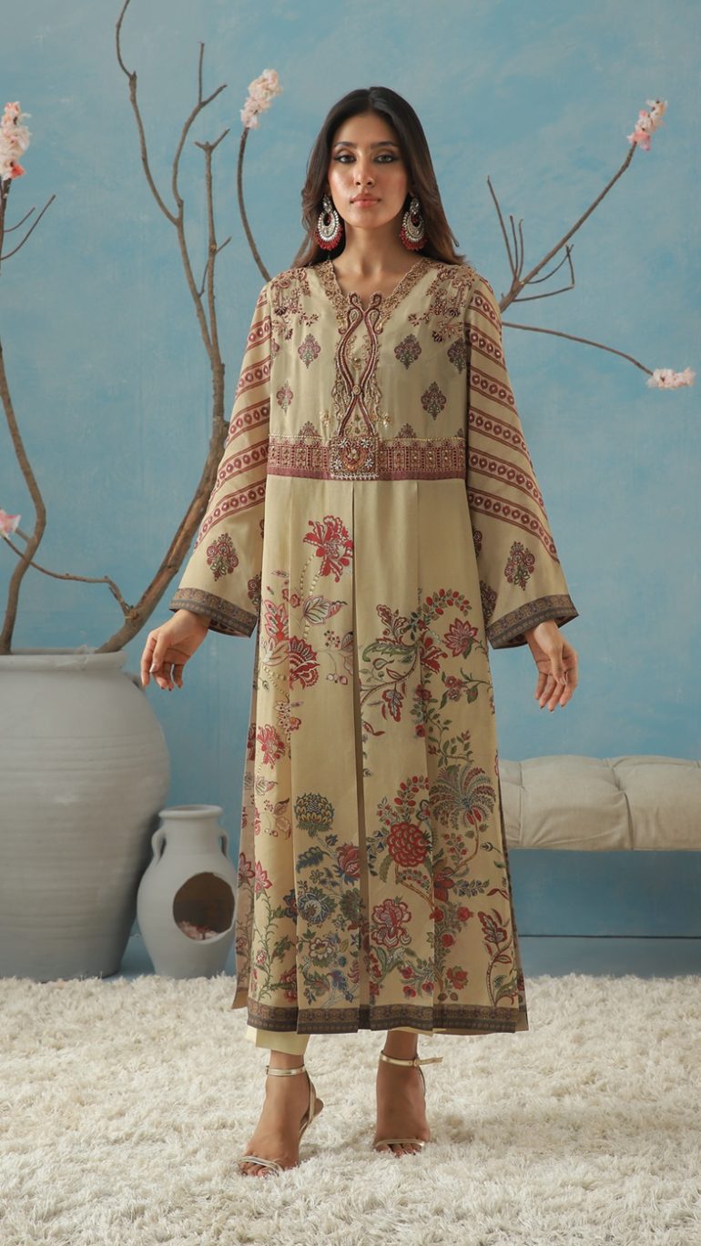 A-Line Long Shirt with Mughal Chintz Motifs & Embellished Belt