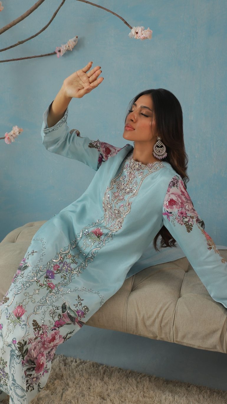A-Line Shirt with Floral & Bird Prints and Zardozi Embellishments