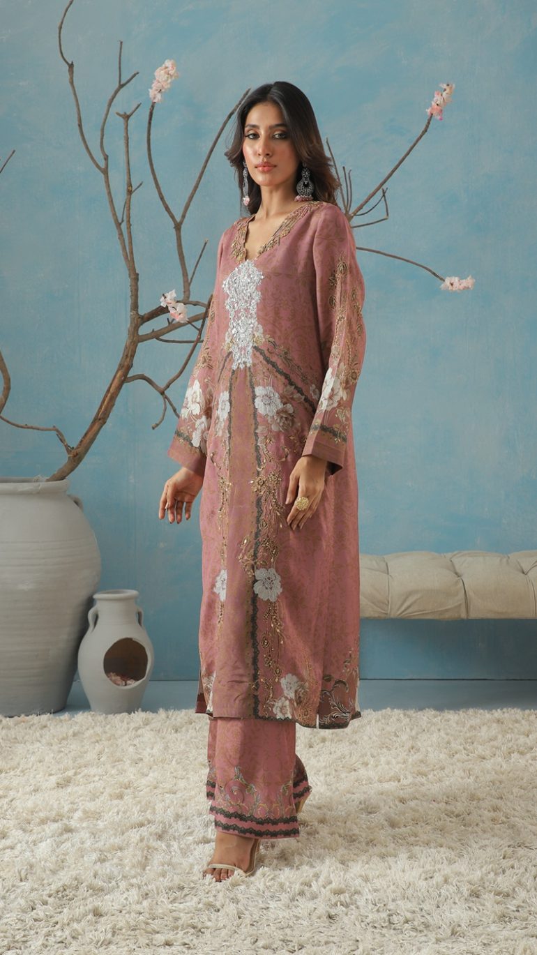 Baroque-Inspired Silk Long Shirt with Golden Zardozi Embroidery & Printed Pants
