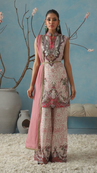 Baroque & Mughal Floral Print Sleeveless Kurta with Printed Trousers