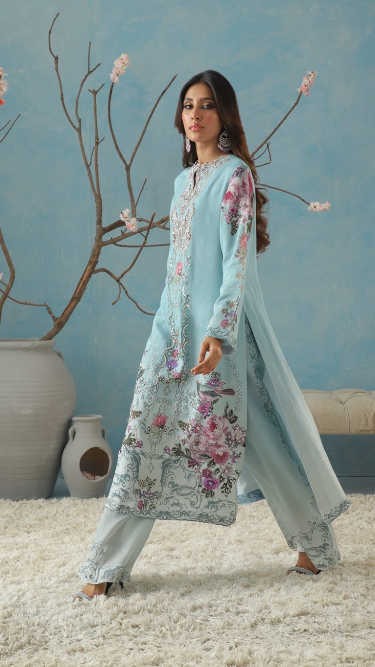 Blue Gradient A-Line Shirt with Floral & Bird Prints