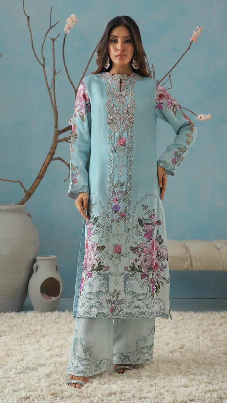 Blue Gradient A-Line Shirt with Floral & Bird Prints and Zardozi Embellishments