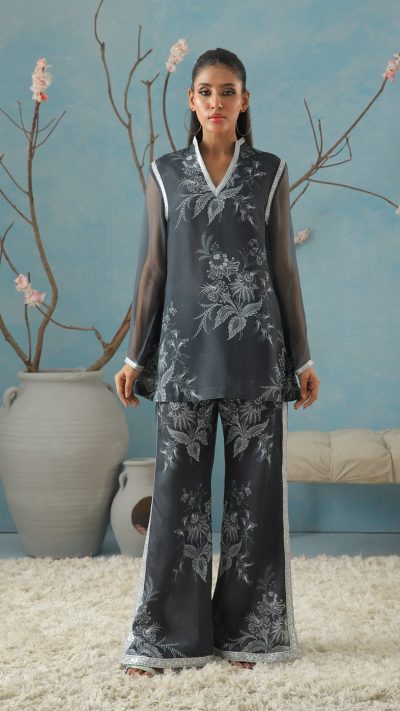 Blue Printed Separates with Silver Lace Detailing