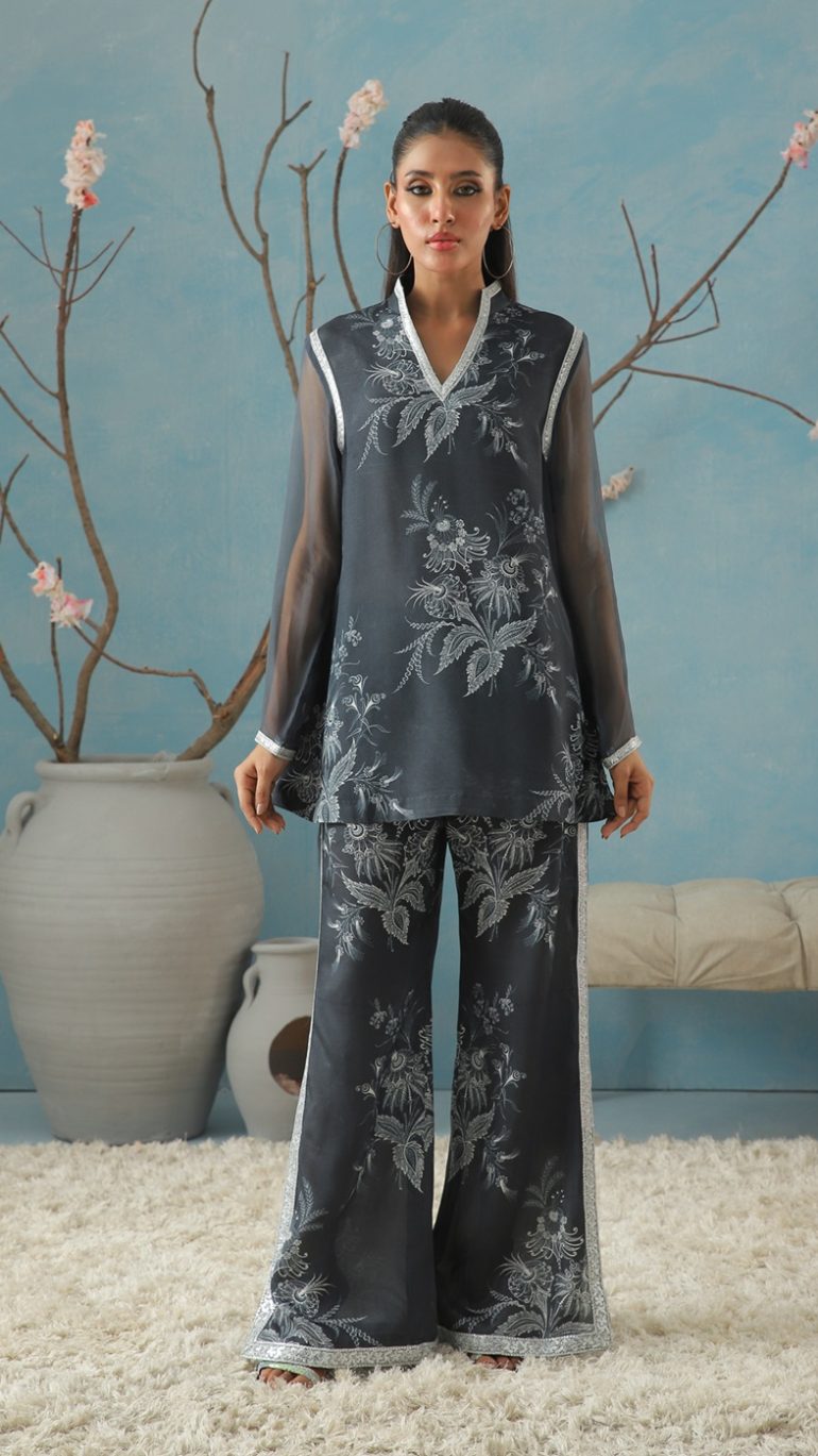 Blue Printed Separates with Silver Lace Detailing