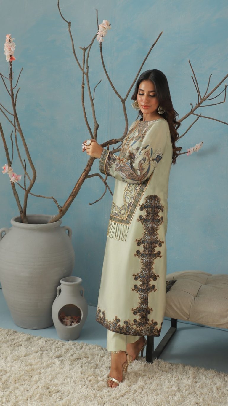 Sage Green Baroque & Paisley Print Kurta with Embellished Neckline & Matching Pants