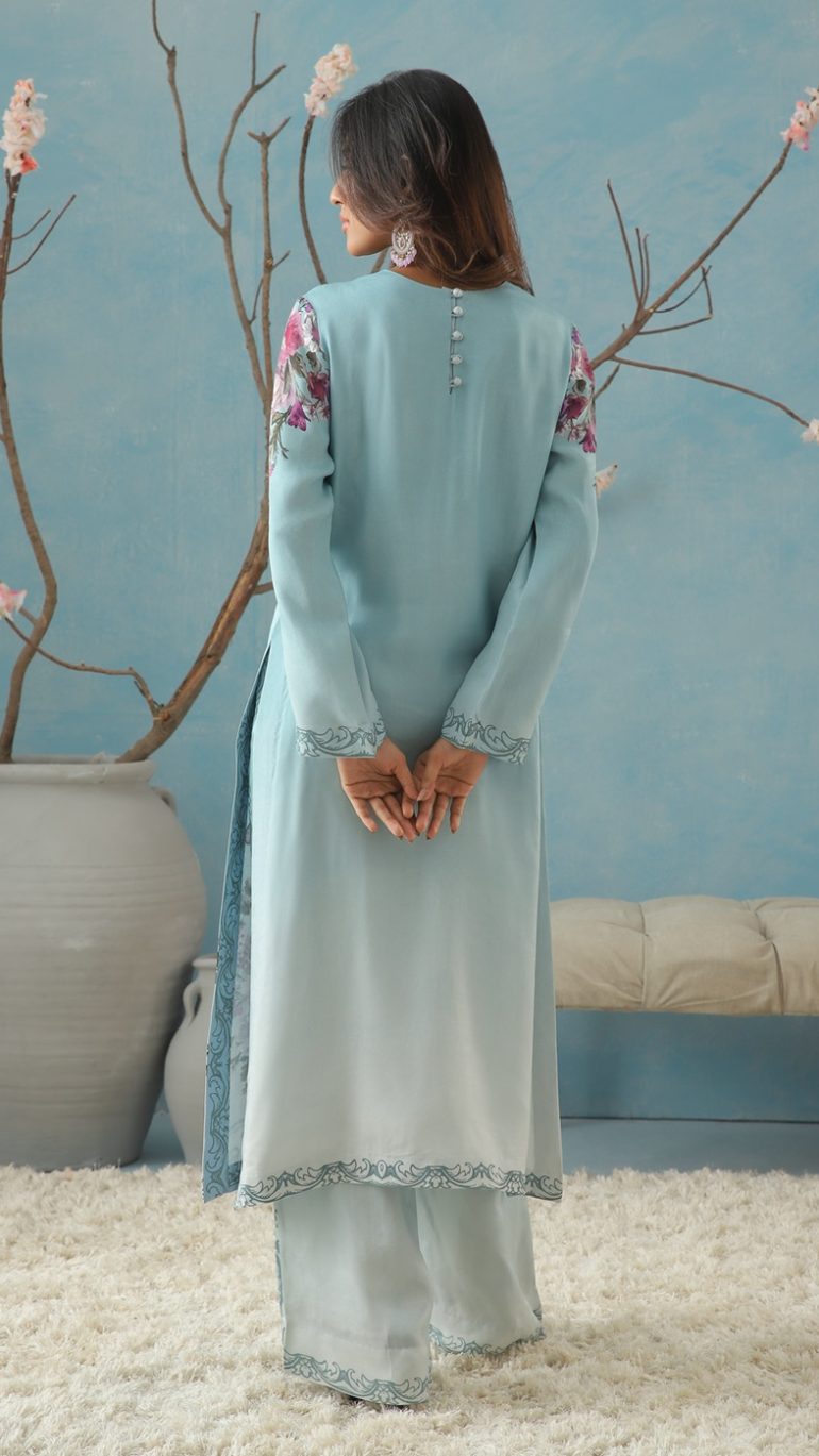 Shirt with Floral & Bird Prints and Zardozi Embellishments