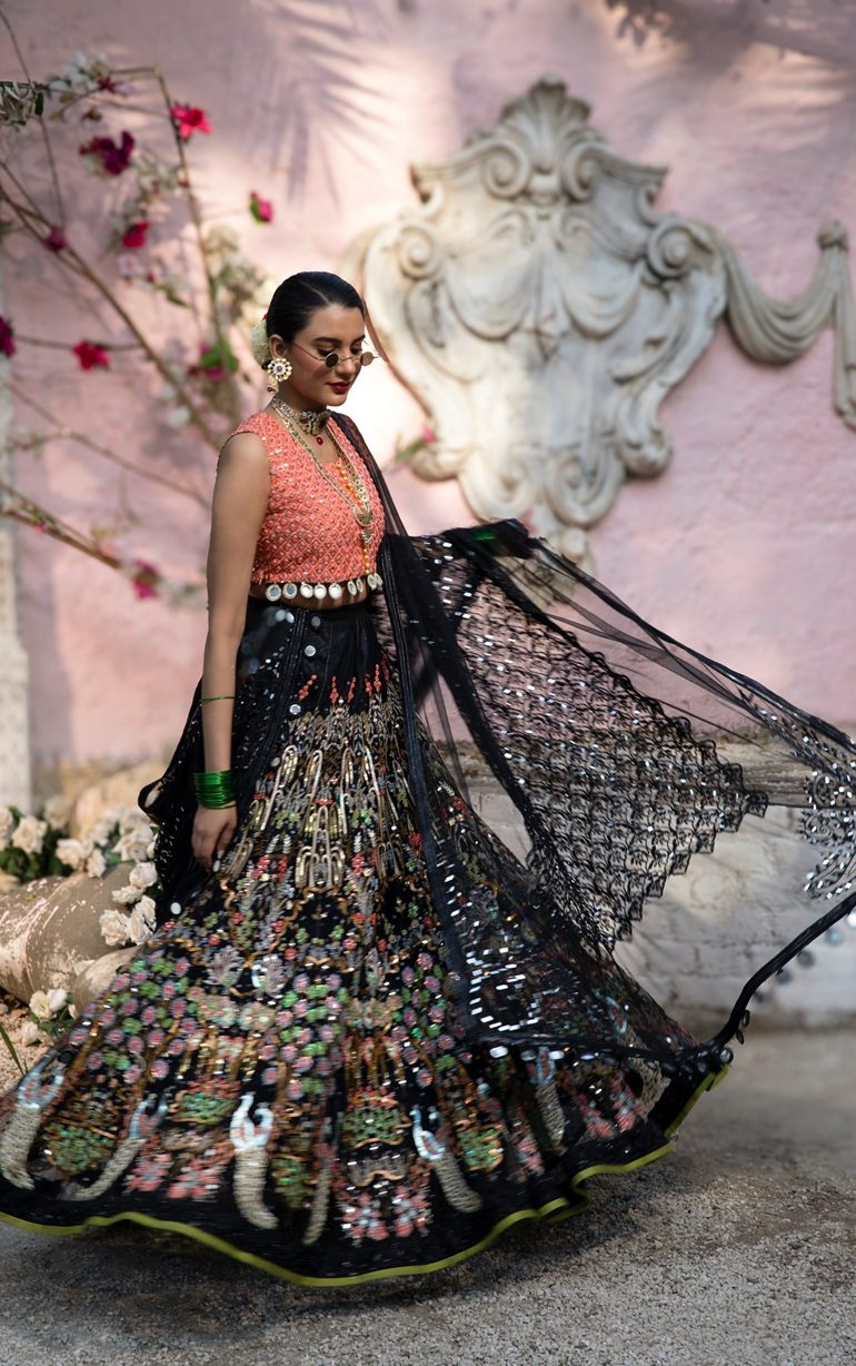 Black Peacock Embroidered Lehenga