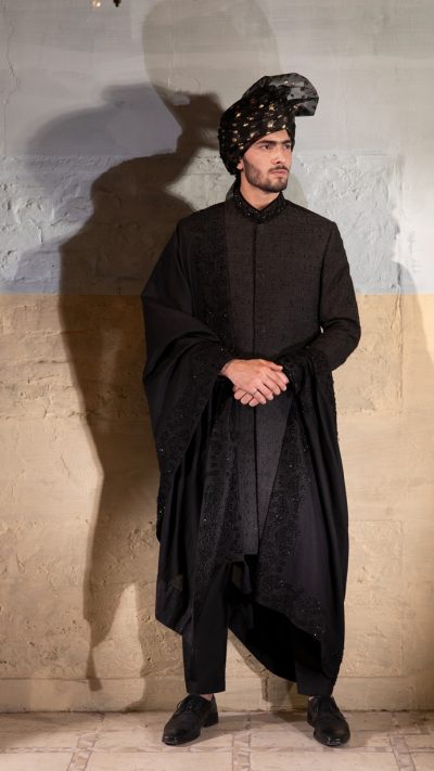 Black Sherwani with Embroidered Shawl