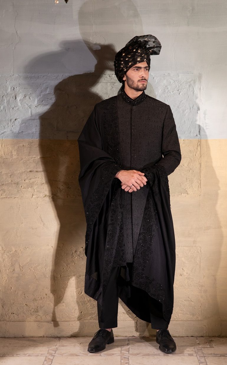 Black Sherwani with Embroidered Shawl