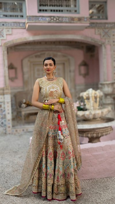 Golden Bridal Lehenga with Mughal Embroidery