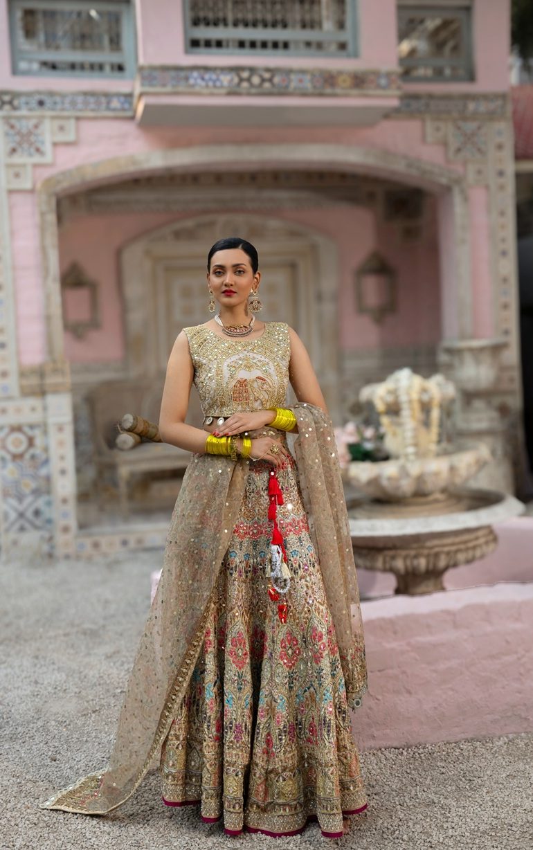 Golden Bridal Lehenga with Mughal Embroidery