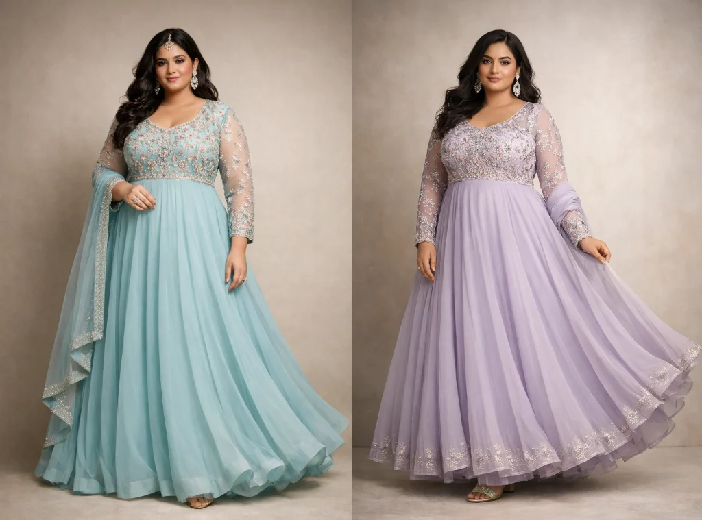Plus size woman wearing a flowing Indian Anarkali suit with fitted bodice and embroidered detailing