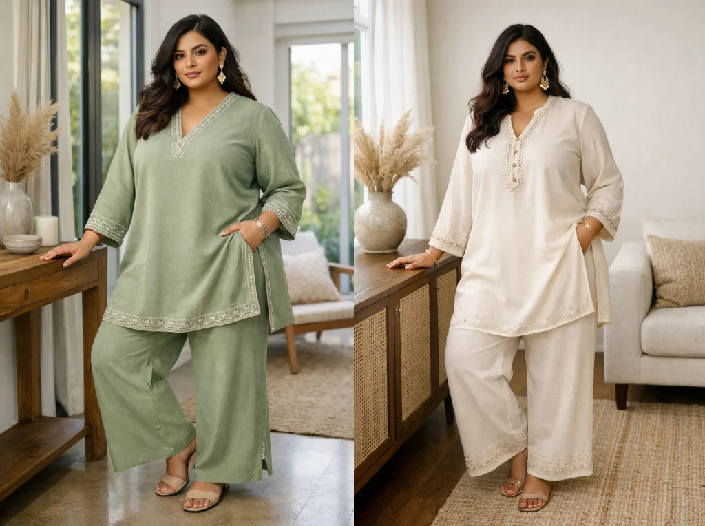 Plus size South Asian woman in modern Indo-Pak fusion wear with tailored silhouette and subtle ethnic details