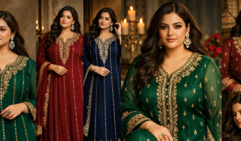 Elegant embroidery and vertical detailing on plus size Indian and Pakistani ethnic clothing in deep jewel tones