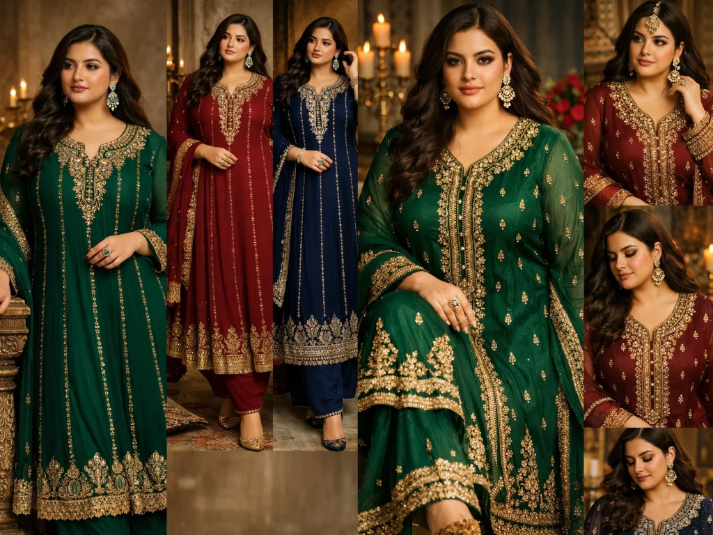 Elegant embroidery and vertical detailing on plus size Indian and Pakistani ethnic clothing in deep jewel tones