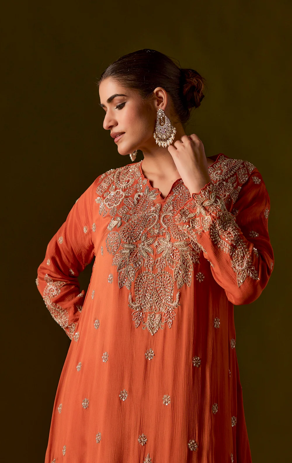 Rust Embellished Chinon Silk Dhoti Set
